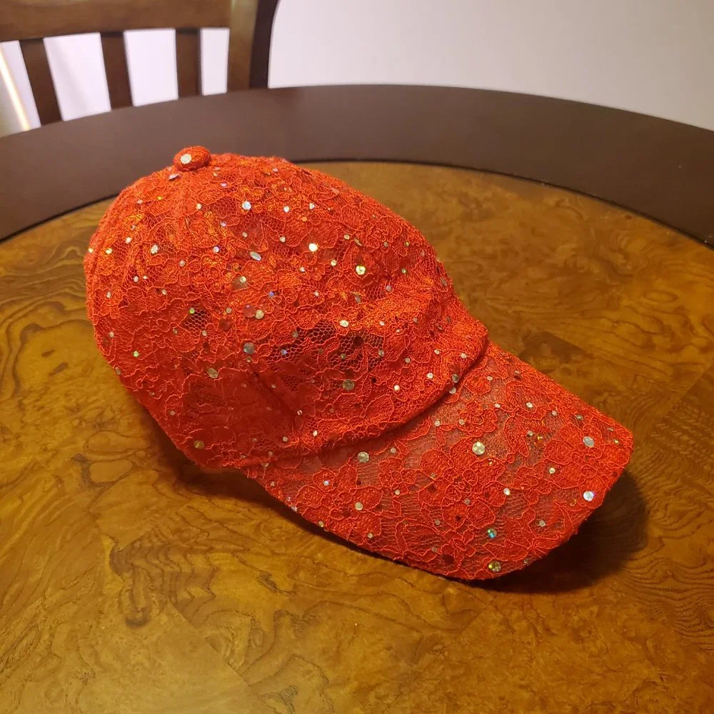 Very sparkly lace ballcap - Red - With Adjustable Velcro Band - Picture 4 of 4